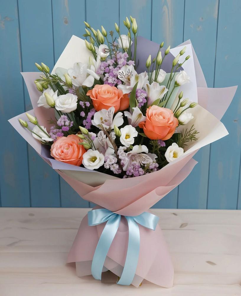 Букет цветов из: Лизиантусы, Розы, Альстромерии и Гипсофила в Величаевском