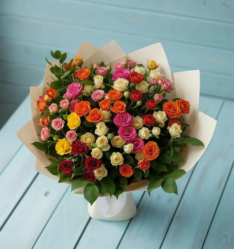 Букет Микс из разноцветных кустовых роз в Величаевском